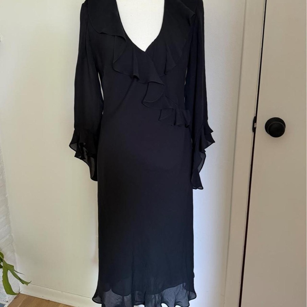 Ralph Lauren Black Silk Midi Dress with Ruffles Sleeve
